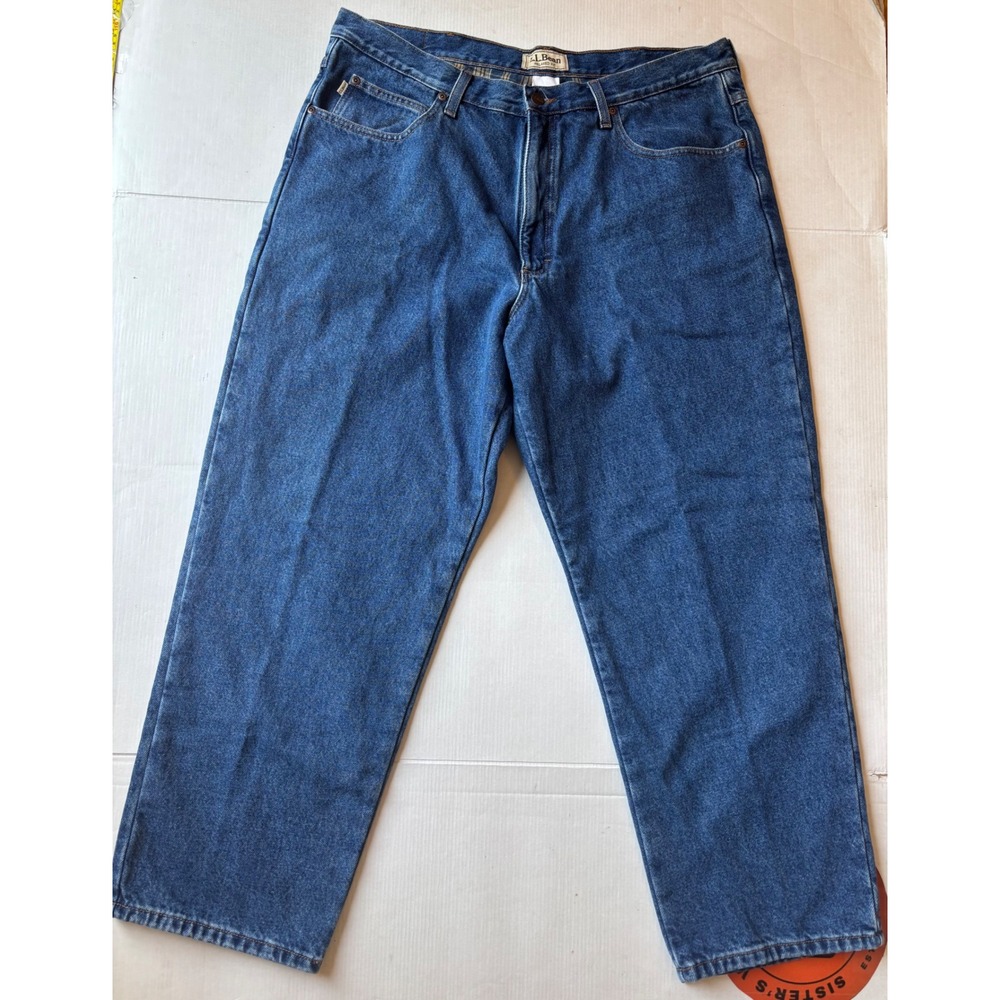LL Bean Relaxed Fit Flannel Lined Jeans Blue Plaid 38x28 Item 139426